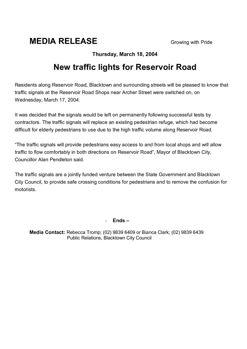 New Traffic Lights for Reservoir Road Blacktown, 2004