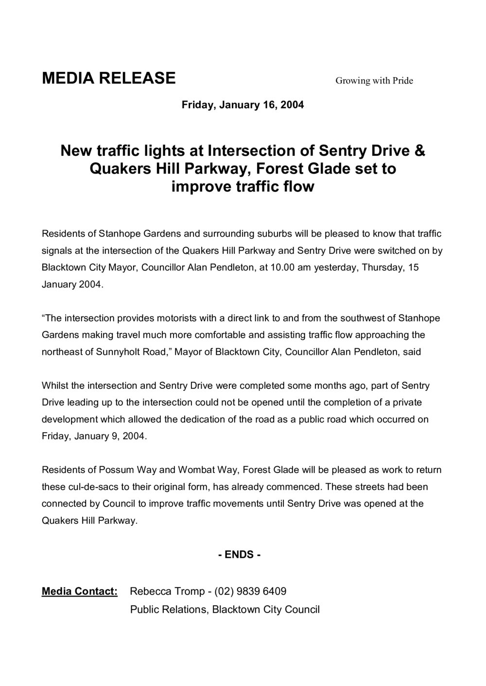 New Traffic Lights, Sentry Drive and Quakers Hill Parkway Parklea, 2004