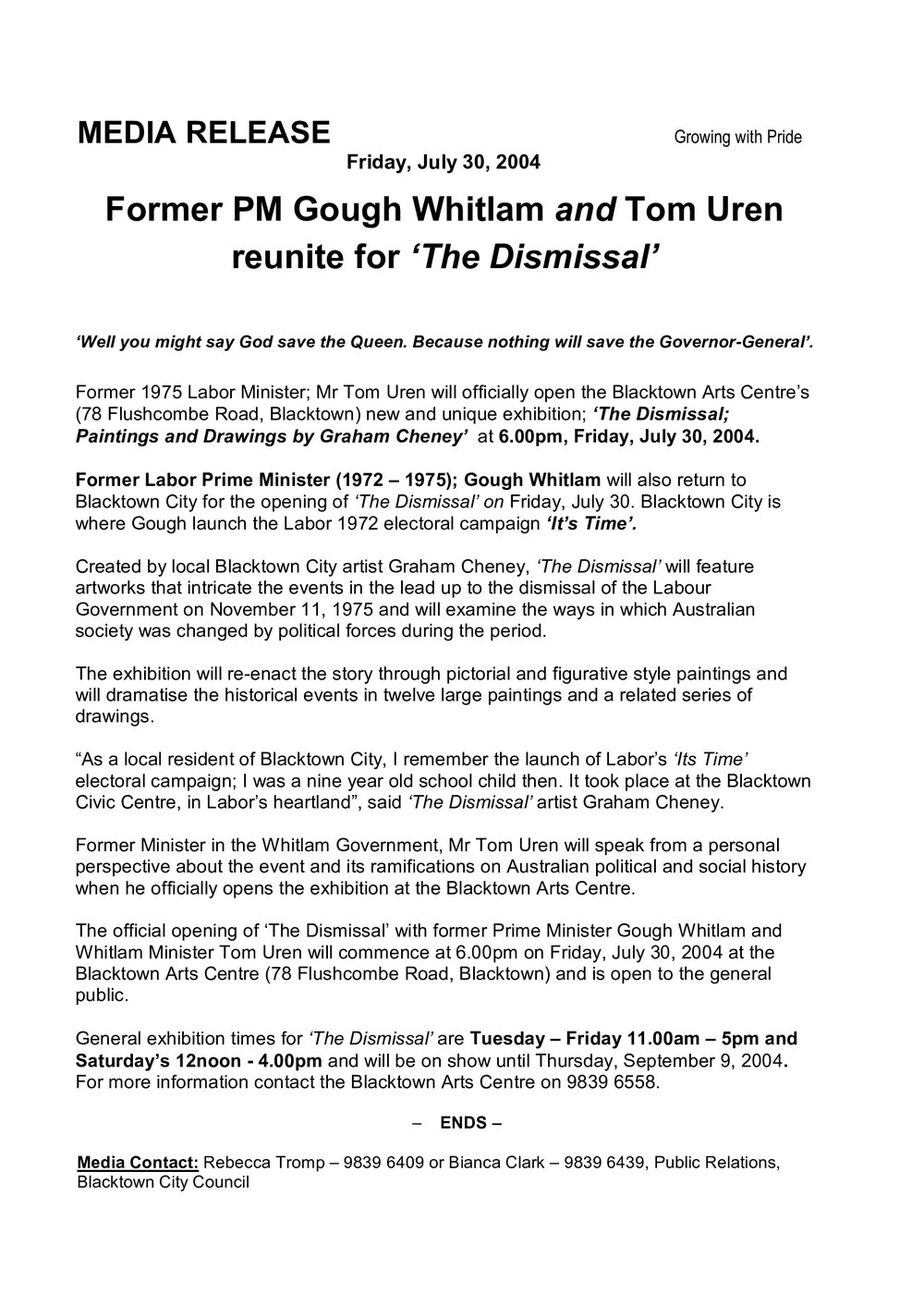 Edward Gough Whitlam and Tom Uren reunite for 'The Dismissal', 2004