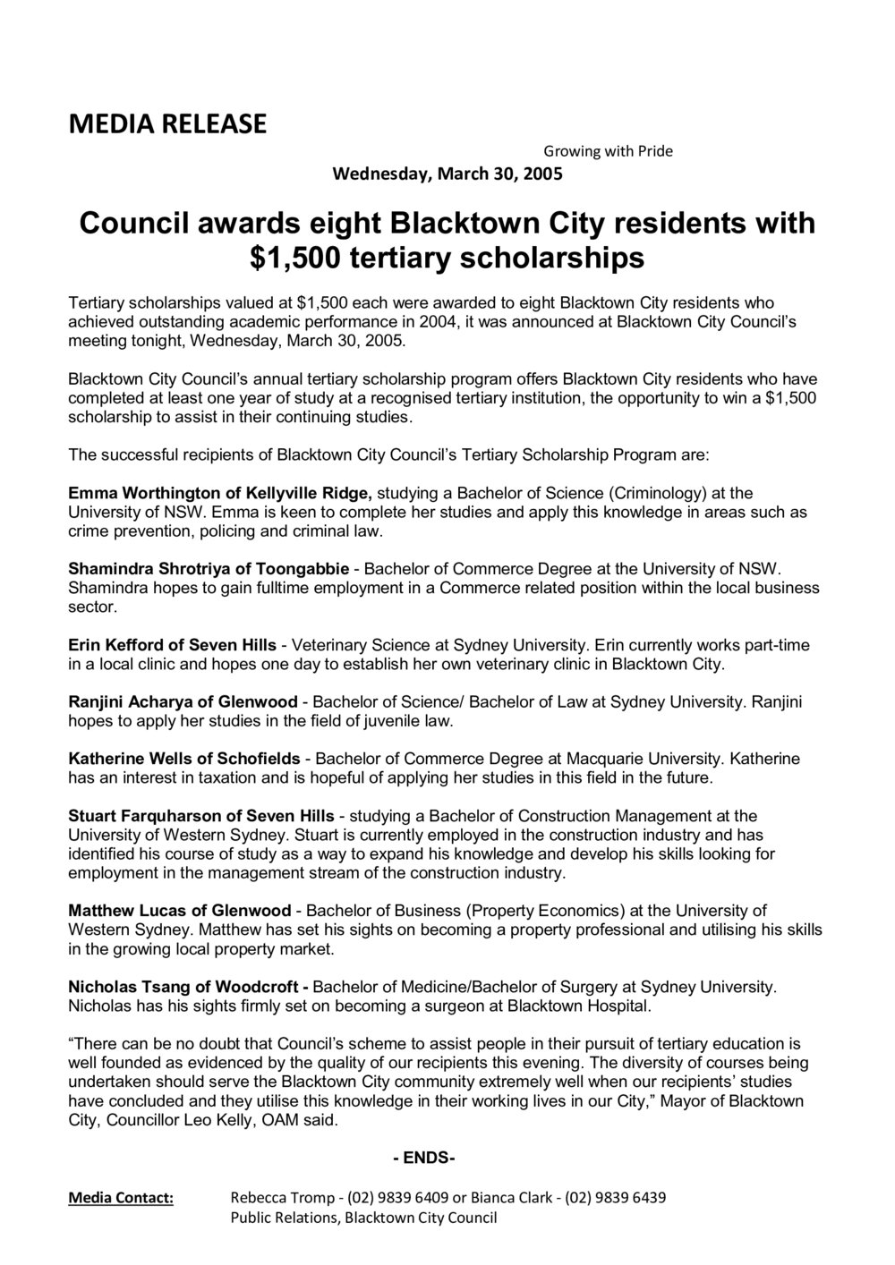 Blacktown City Tertiary Scholarships Program,  2004 
