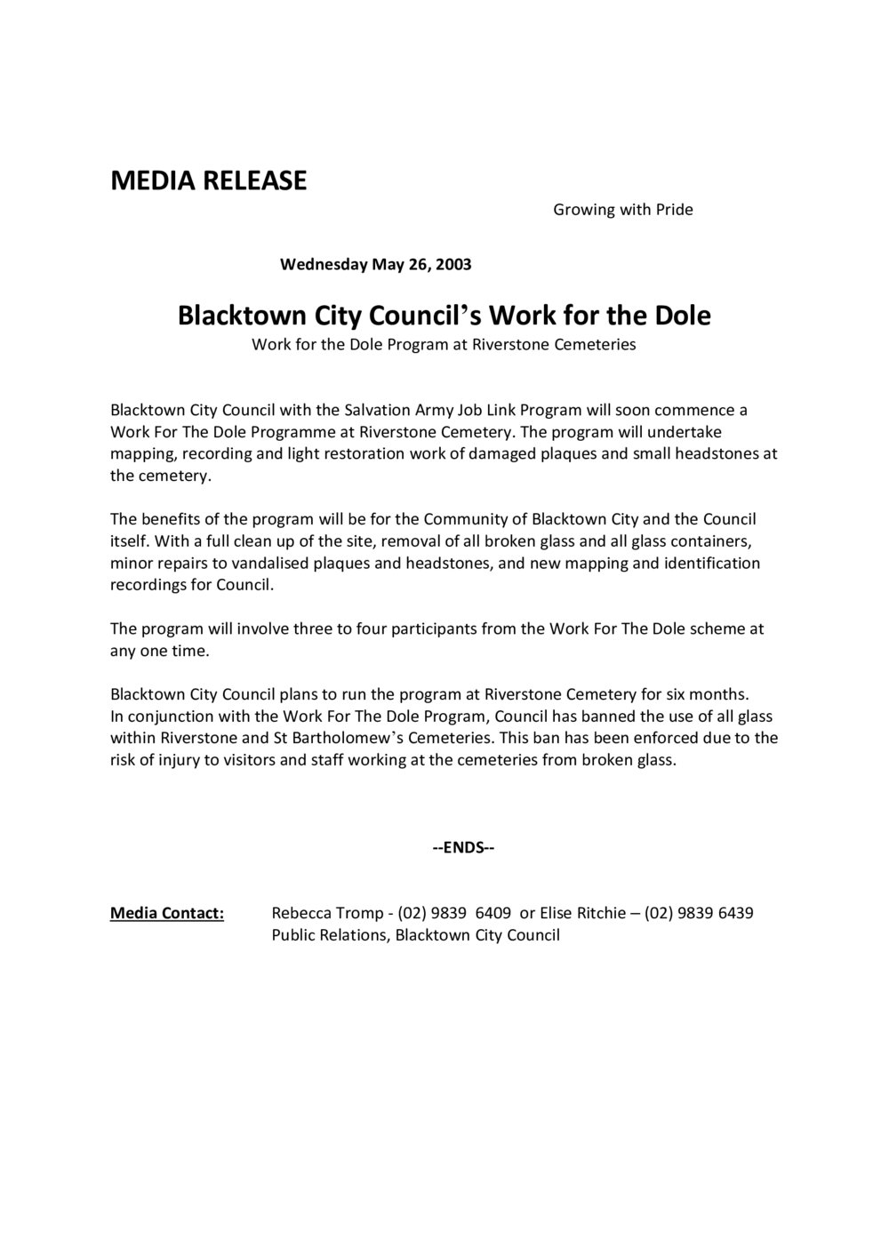 Blacktown City Council's Work for the Dole Program, 2003