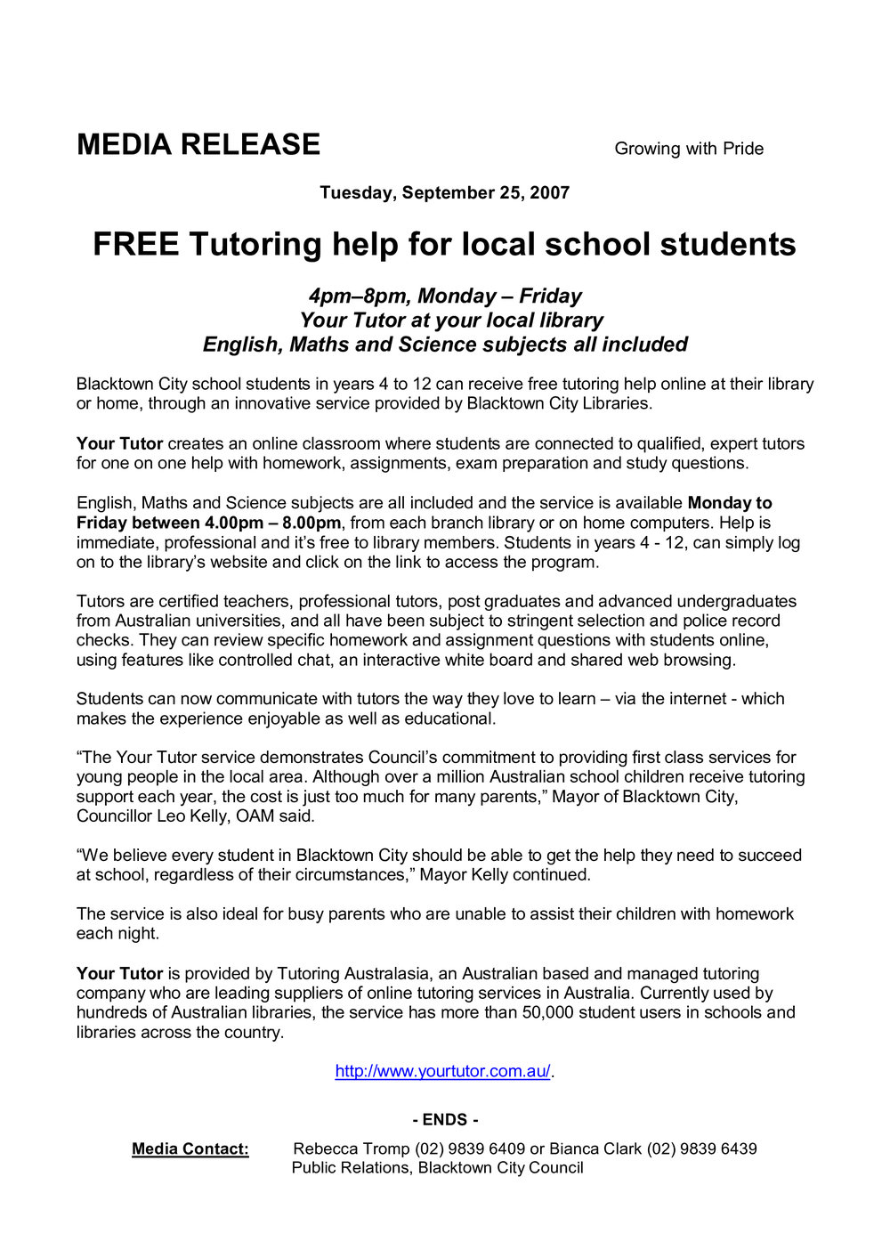 Your Tutor Blacktown City Libraries, 2007