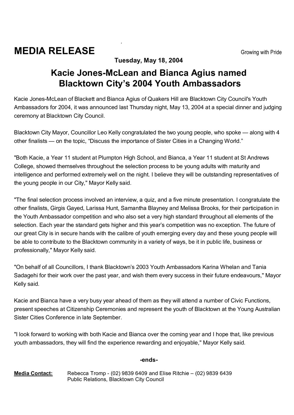 Blacktown City Youth Ambassadors, 2004