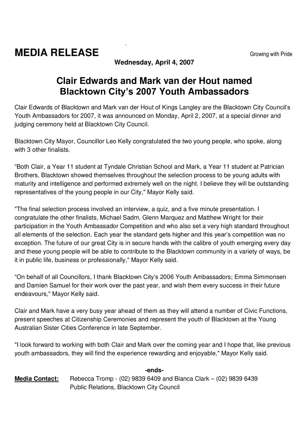 Blacktown City Youth Ambassadors, 2007