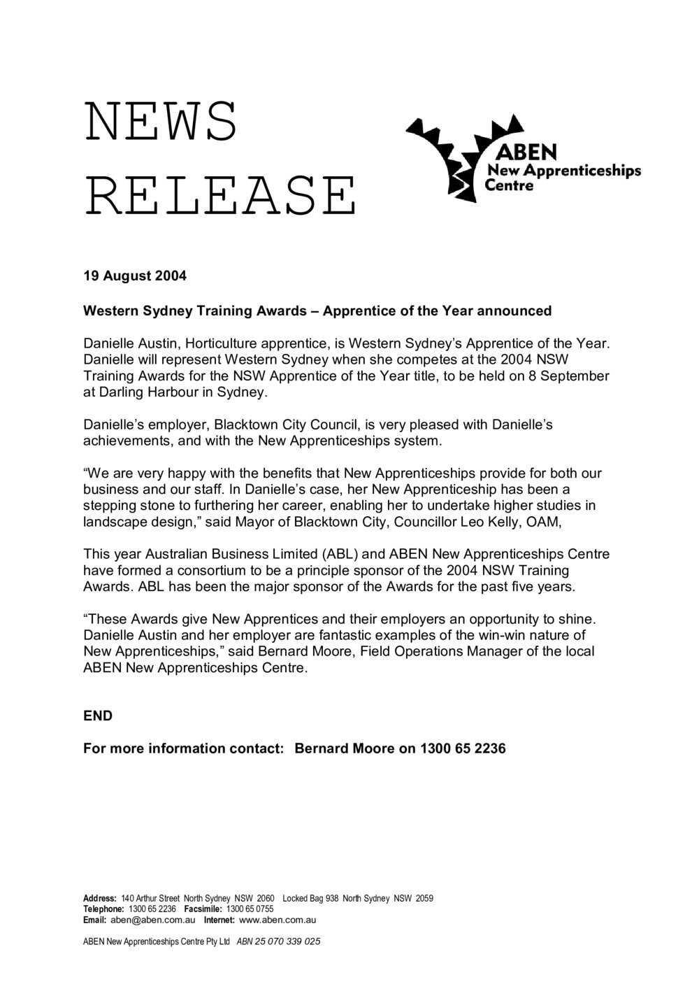 Western Sydney Training Awards - Apprentice of the Year, 2004