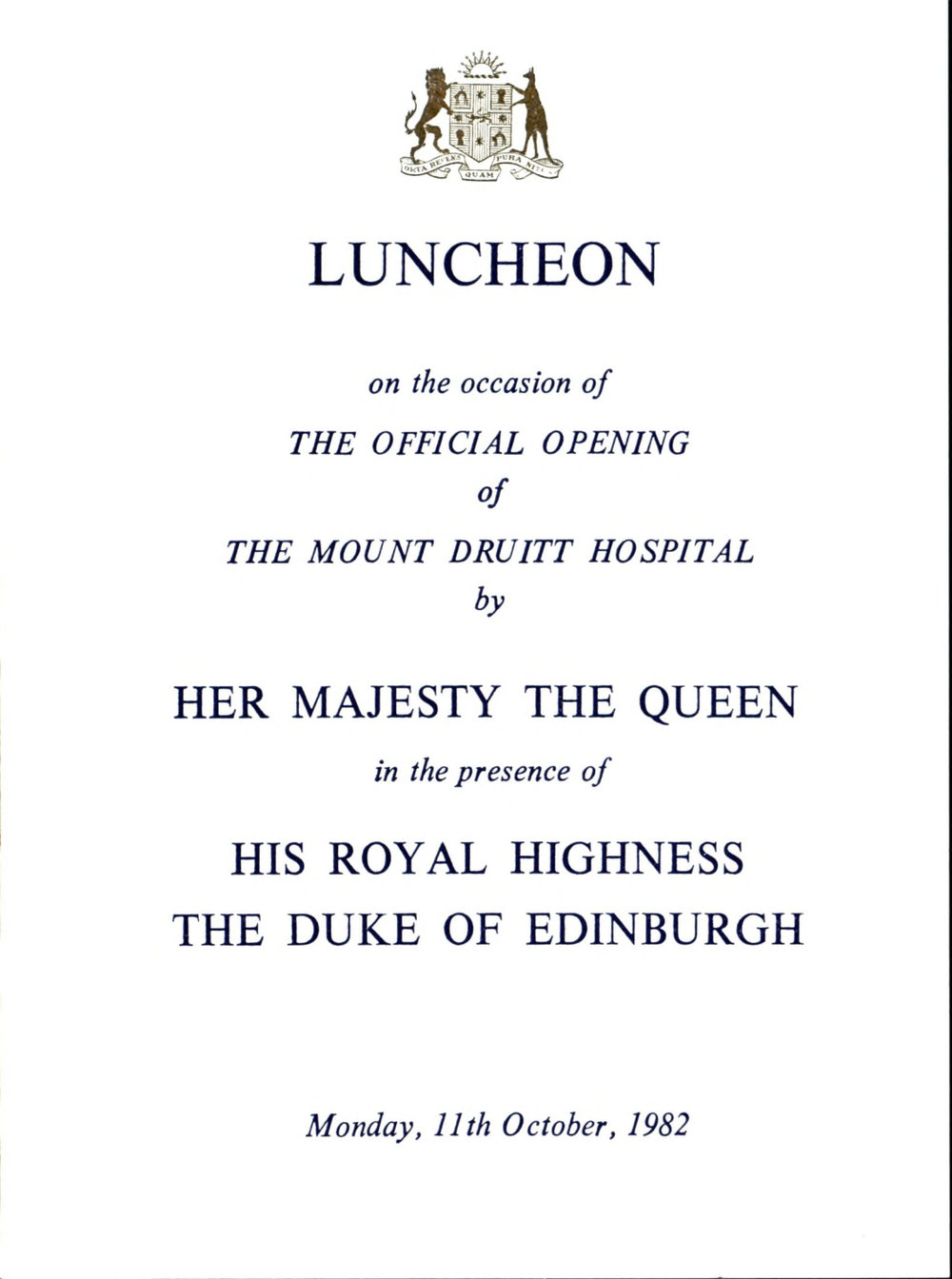 Official Opening of the Mount Druitt Hospital, Luncheon - invitation and menu, 1982