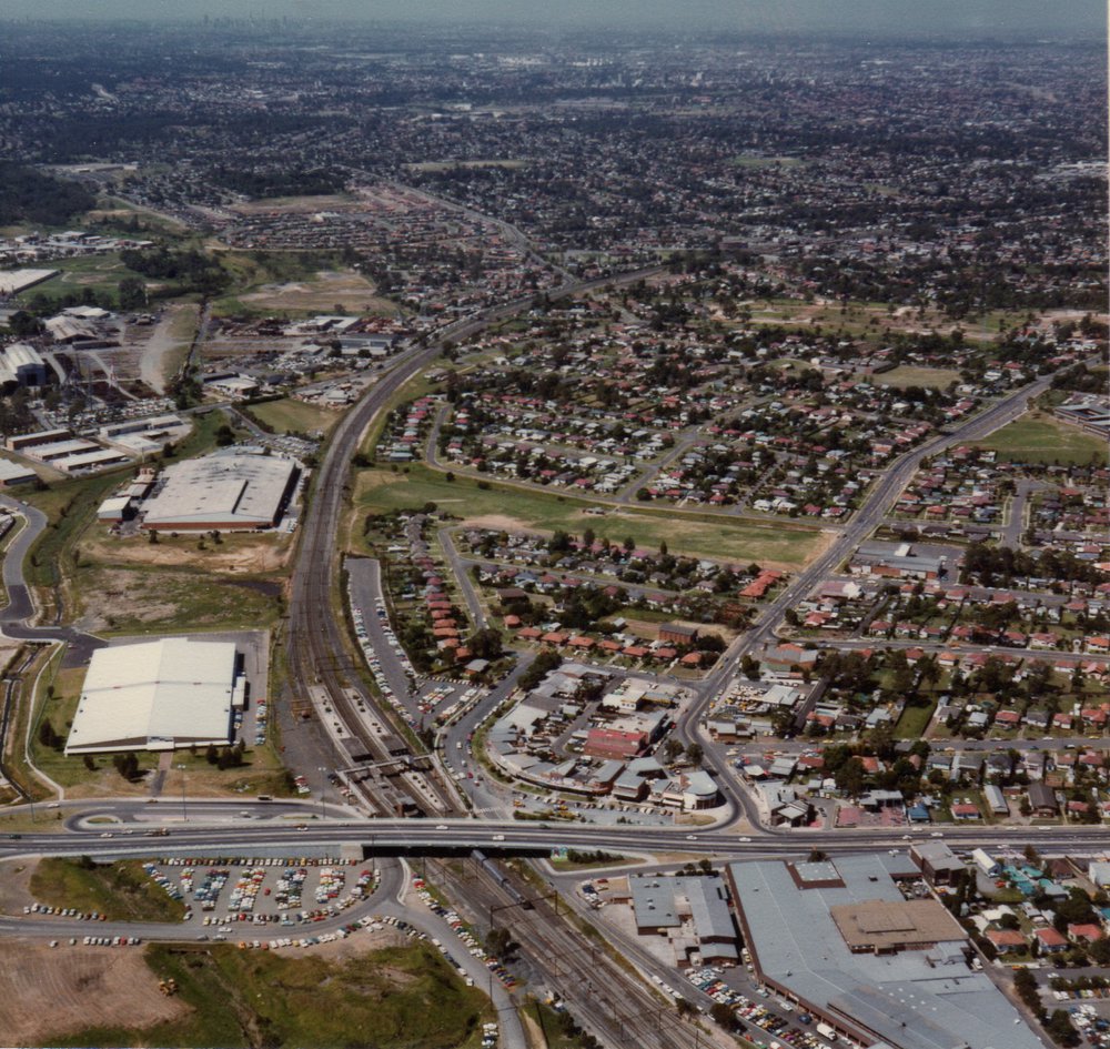 Aerial view of Prospect Highway, Seven Hills Overpass and surroundings