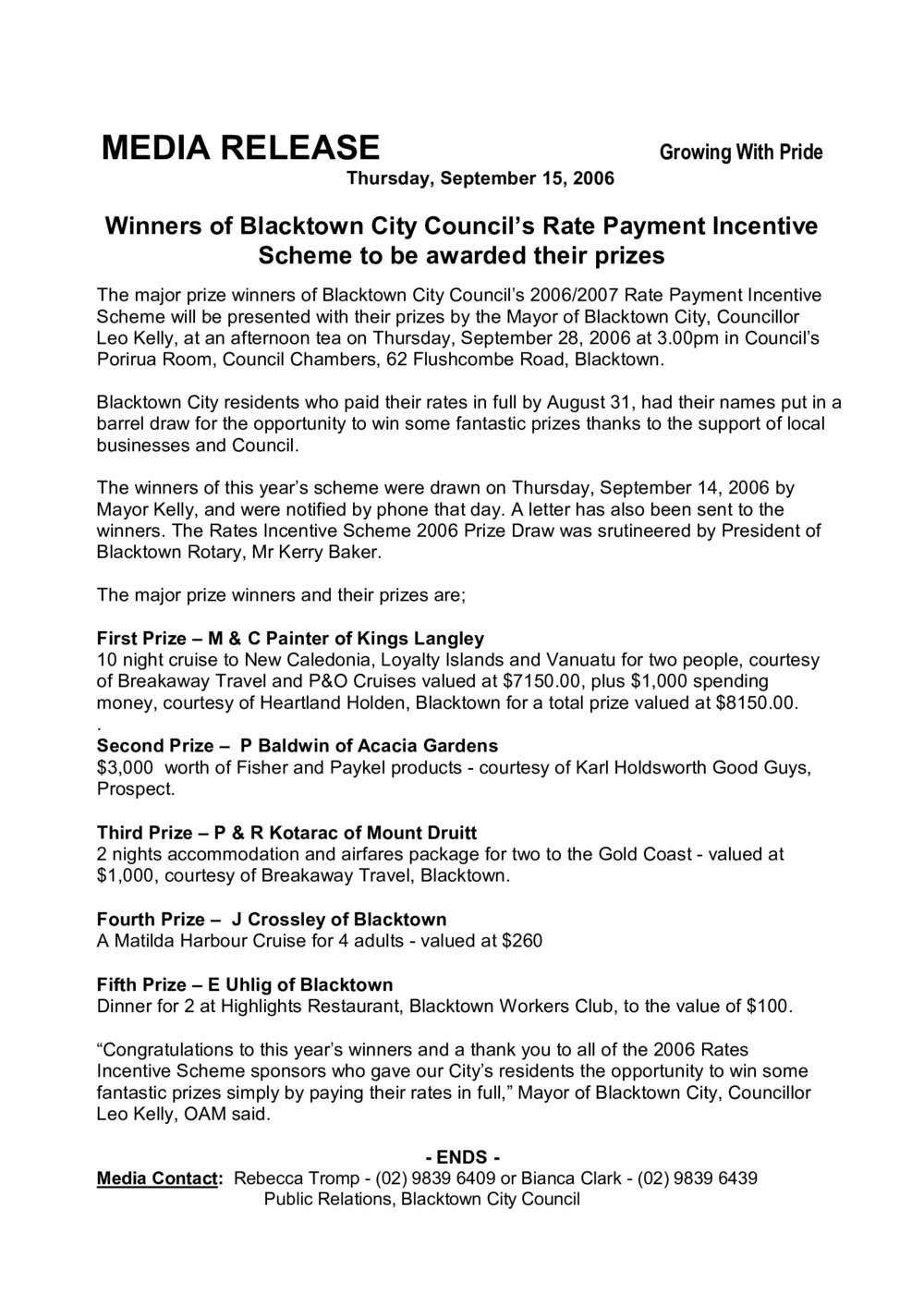 Blacktown City Council Rates Incentive Winners, 2006