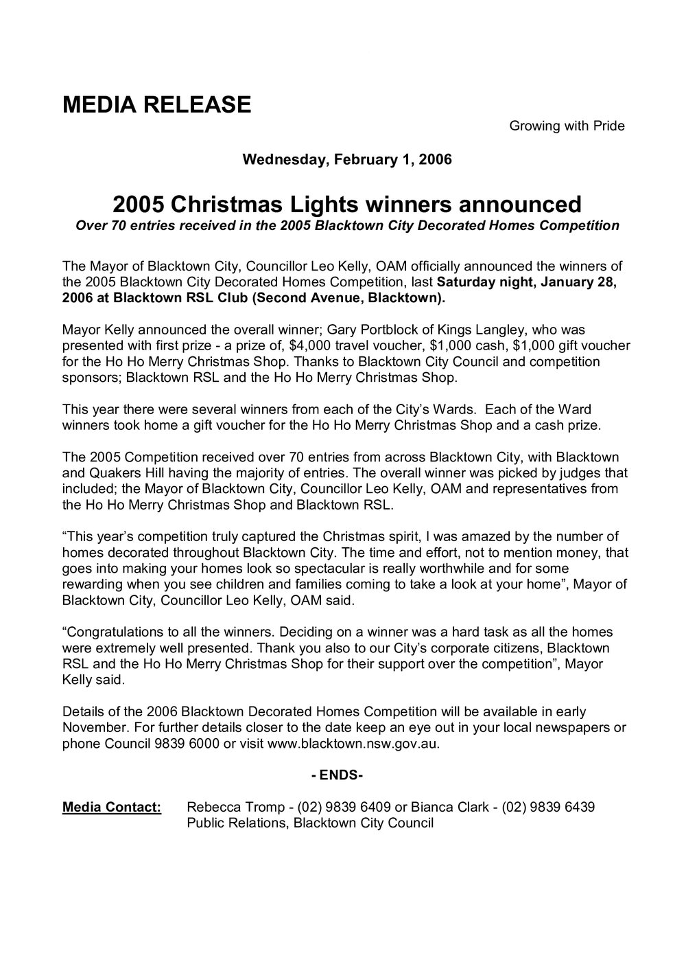 Blacktown City Christmas Lights Competition, 2005