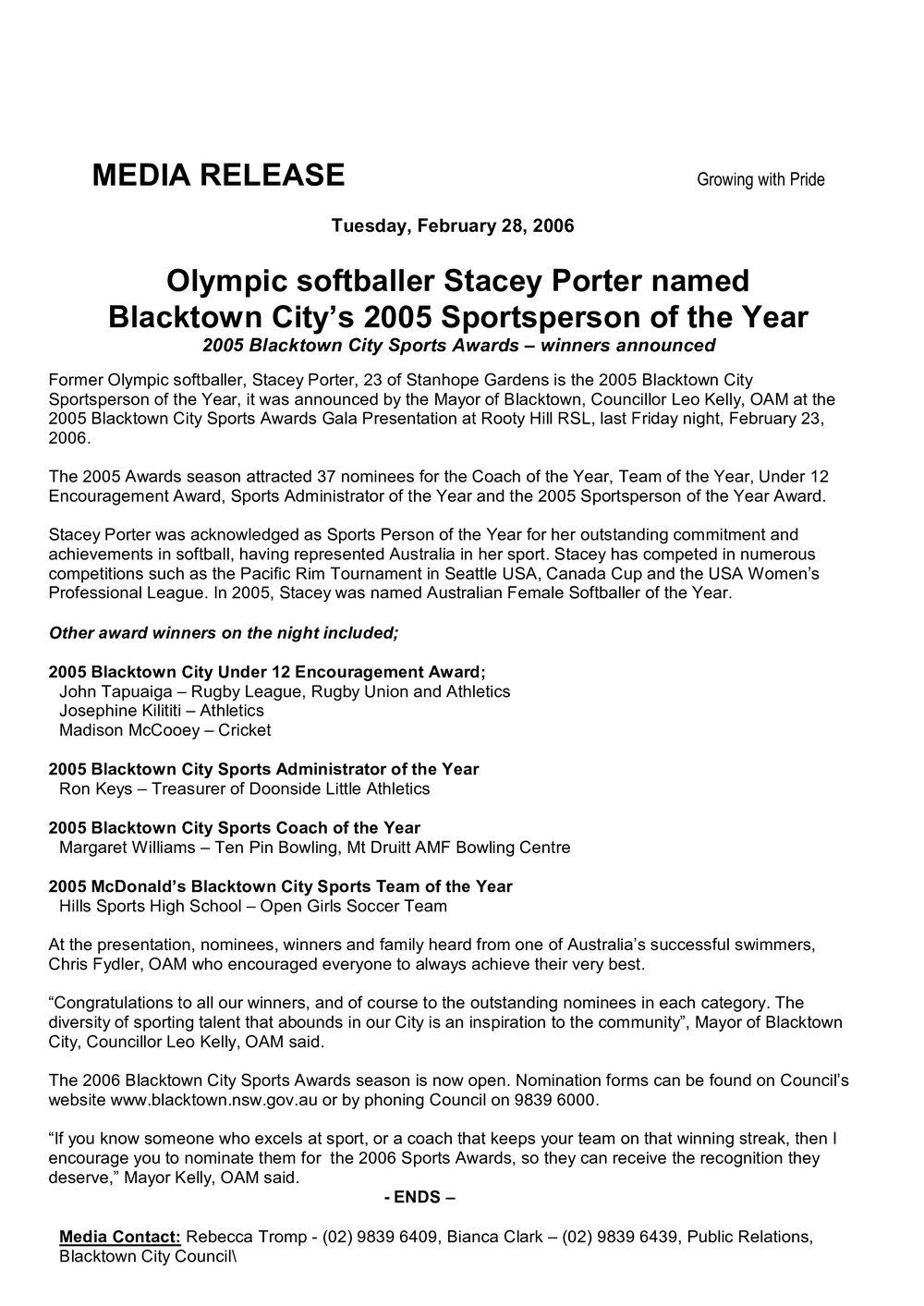 Blacktown City Sportsperson of the Year, 2005