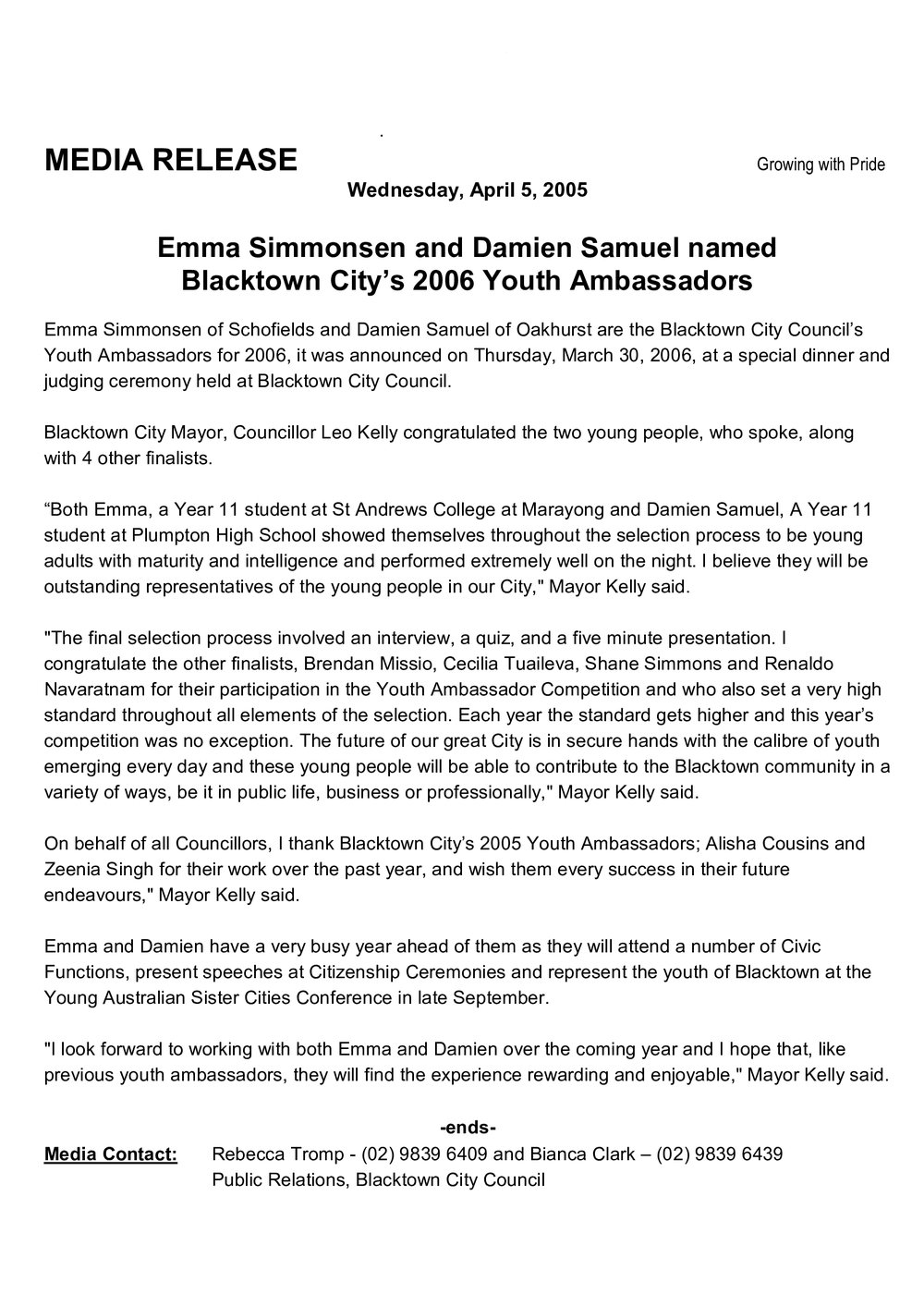 Blacktown City Youth Ambassadors, 2006