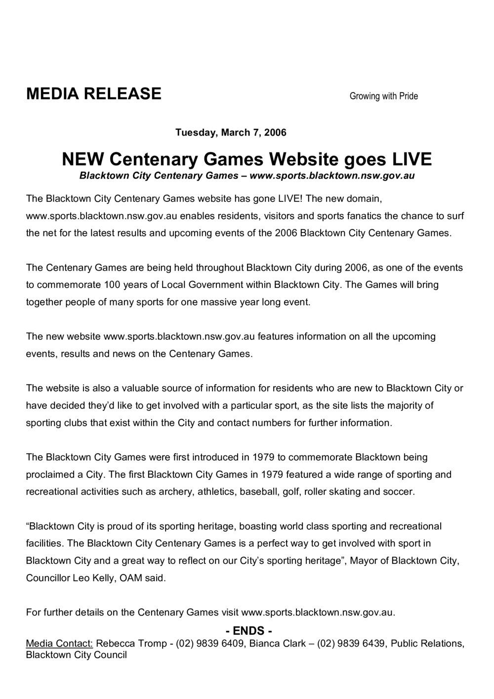 Blacktown City Centenary Games website, 2006