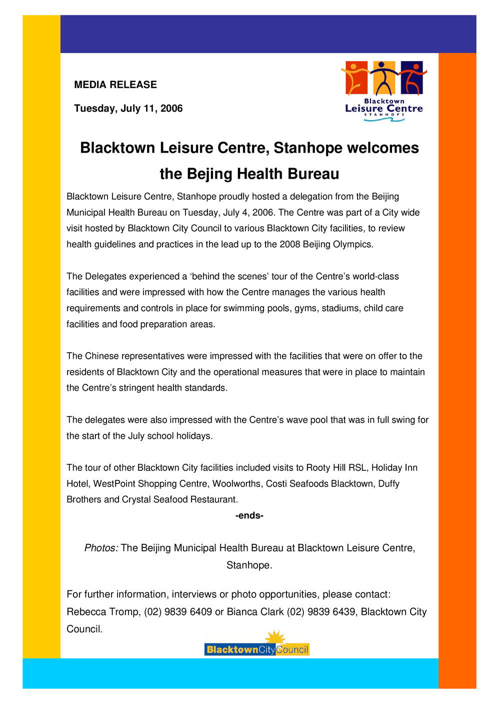 Blacktown Leisure Centre, Stanhope Welcomes the Beijing Health Bureau, 2006