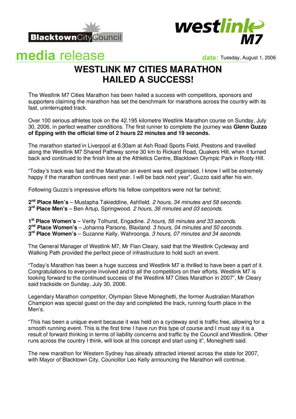 Westlink M7 Cities Marathon results, 2006