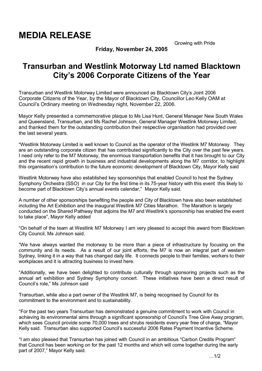 Blacktown City Council Corporate Citizens of the Year, 2006