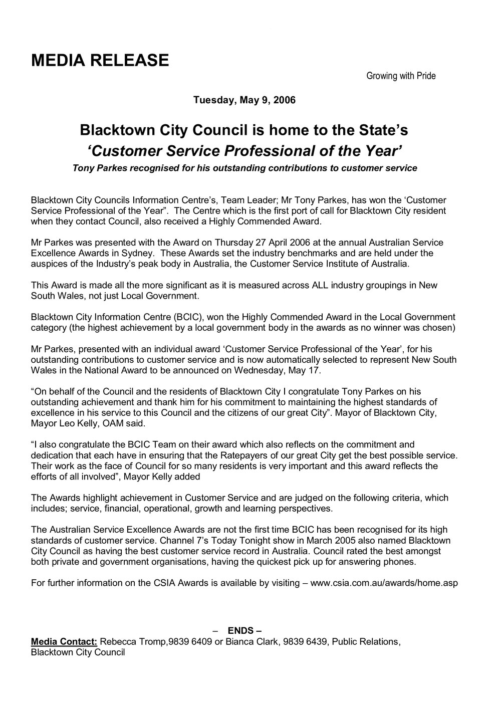 Customer Service Professional of the Year, 2006