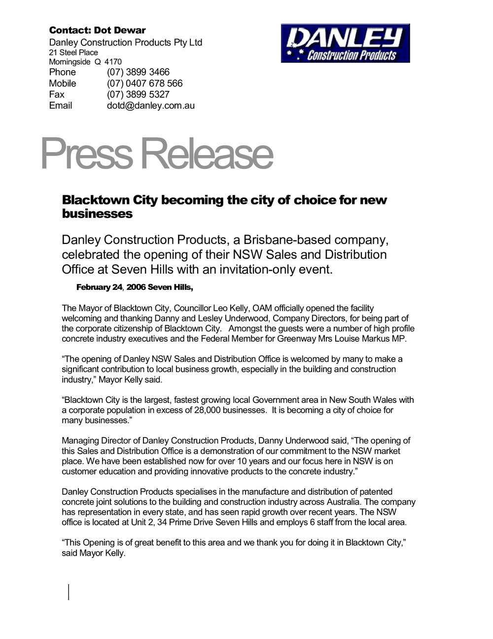 Danley Construction Products Sydney Opening, 2006