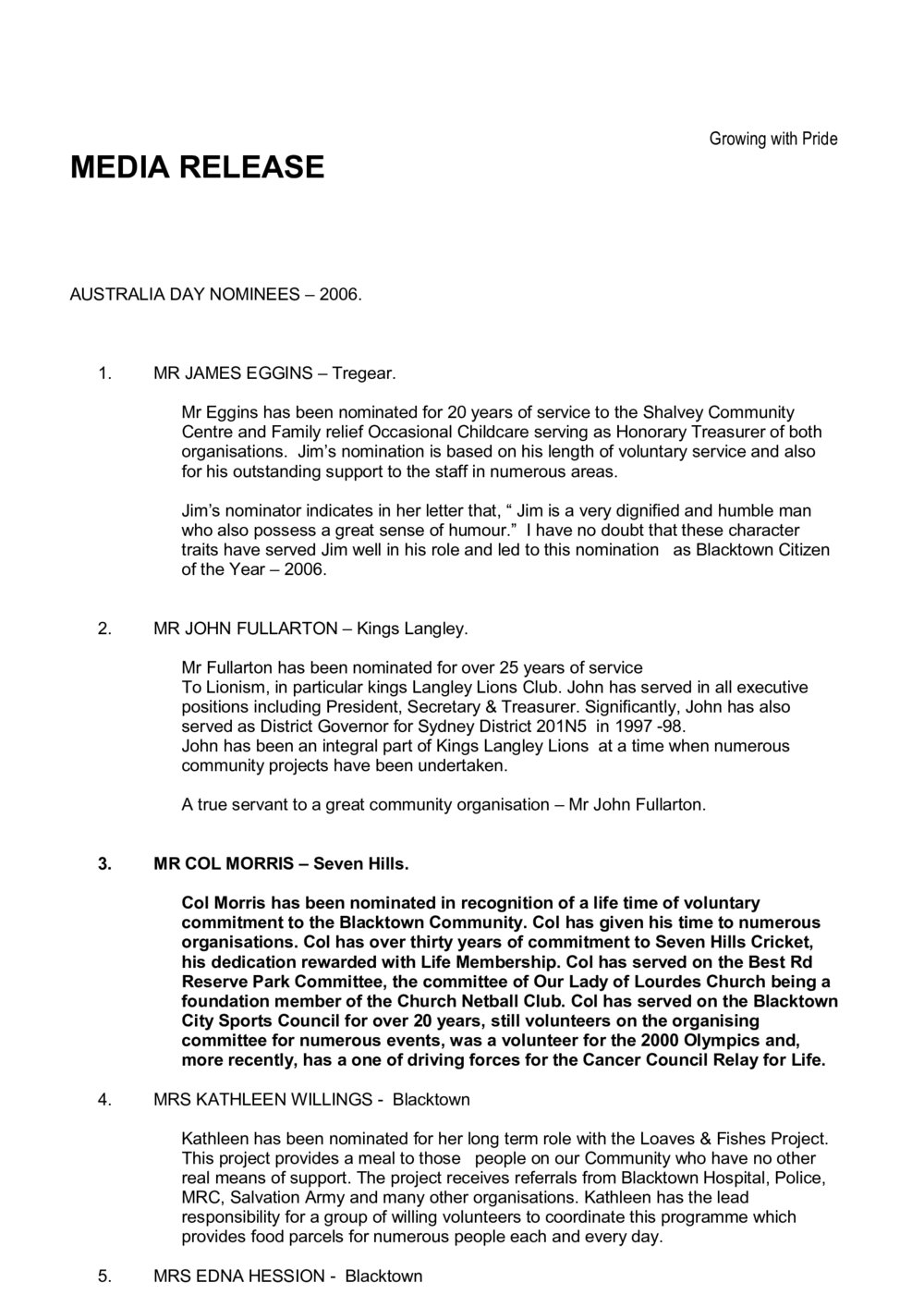 Blacktown City Australia Day nominees,  2006