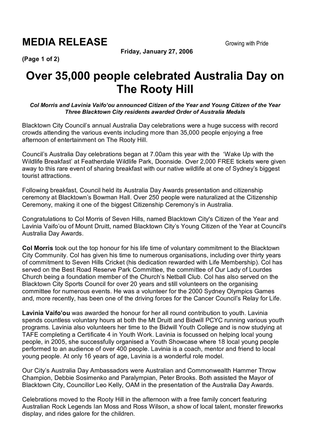 Australia Day winners, 2006