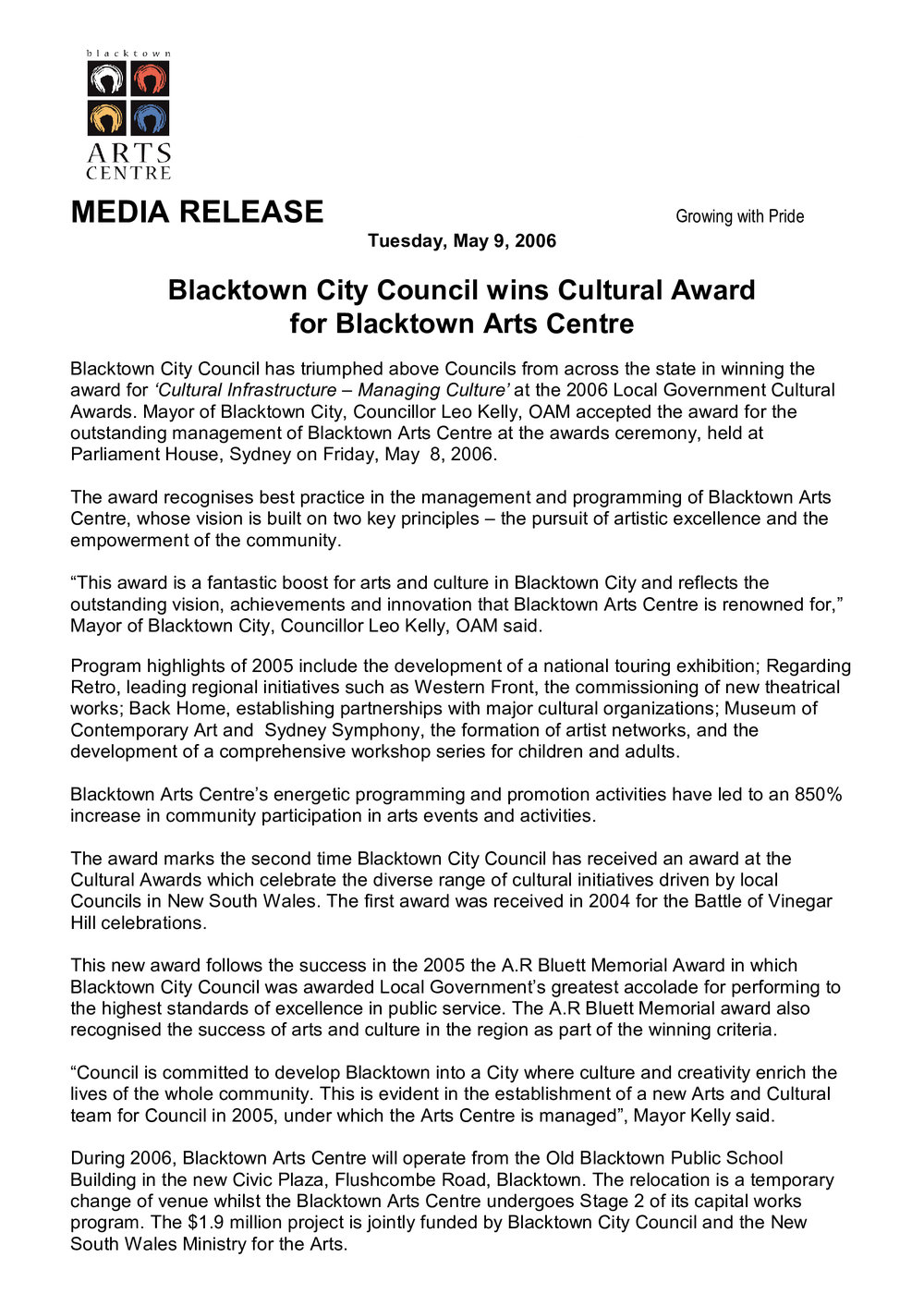 Blacktown City Council Cultural Awards Winner, 2006