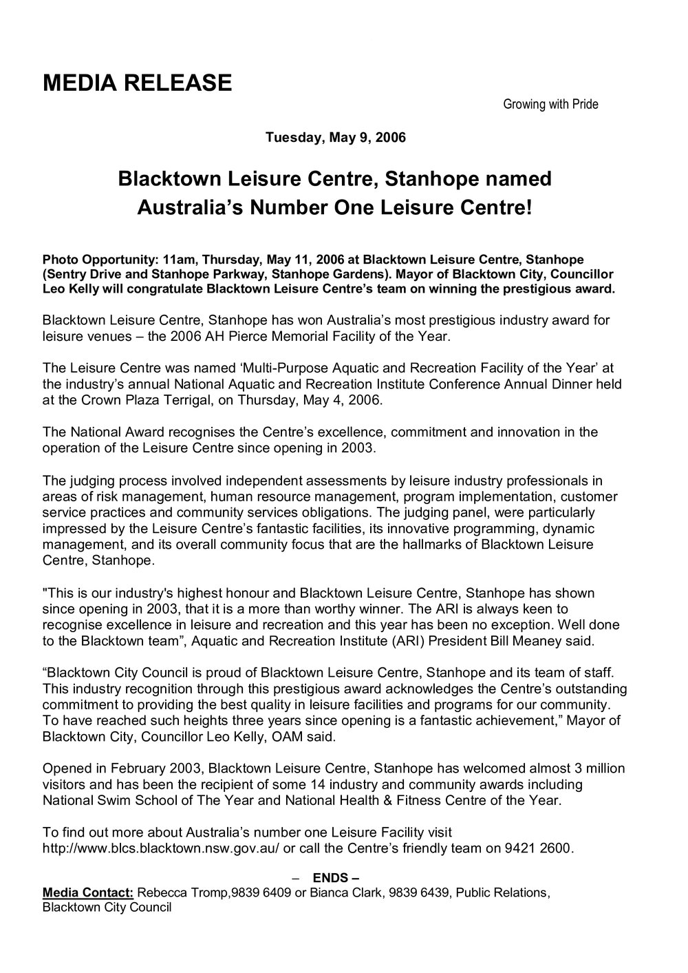 Blacktown Leisure Centre won AH Pierce Memorial Facility of the Year Award, 2006