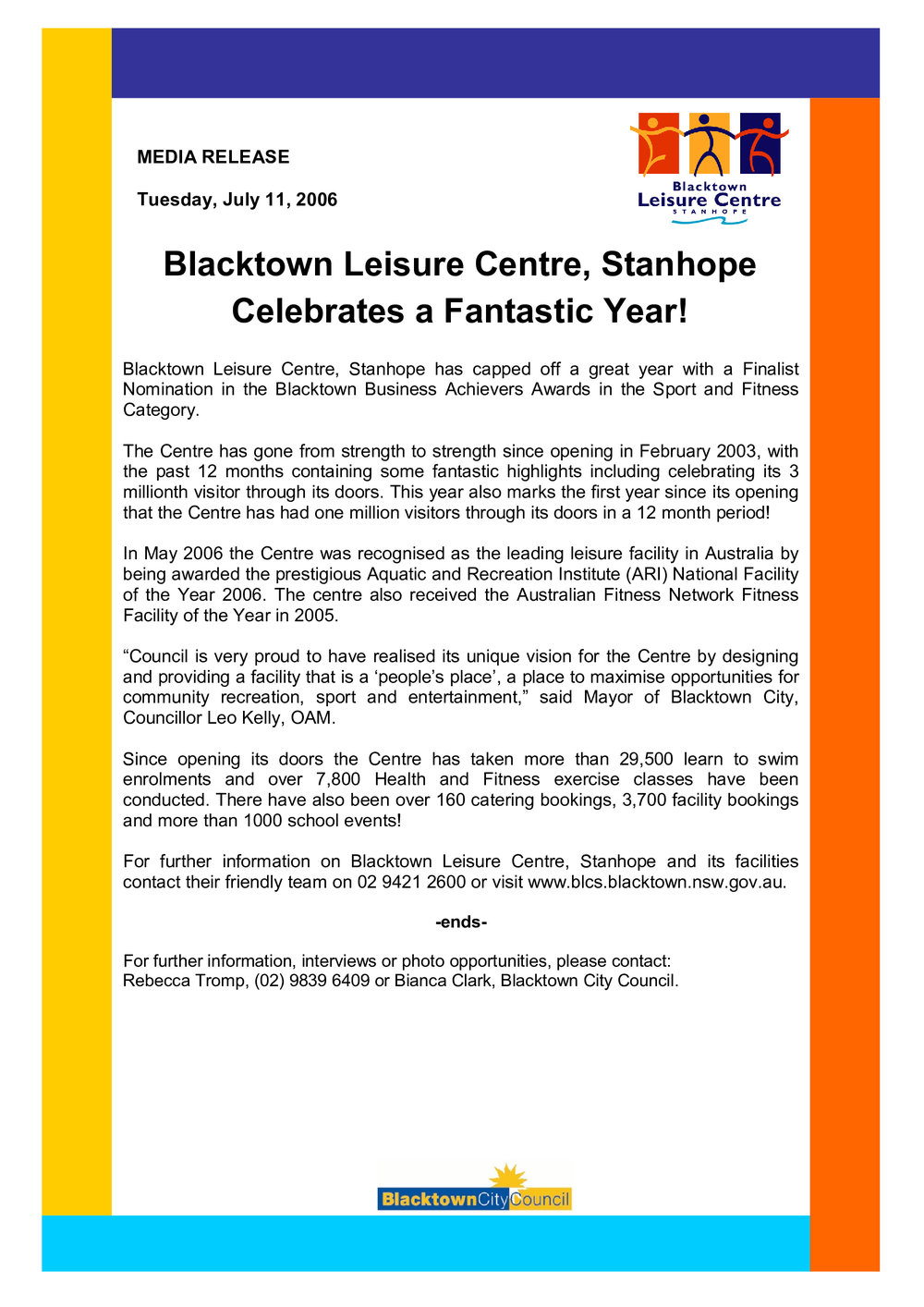 Blacktown Leisure Centre won 2006 ARI National Facility of the Year Award