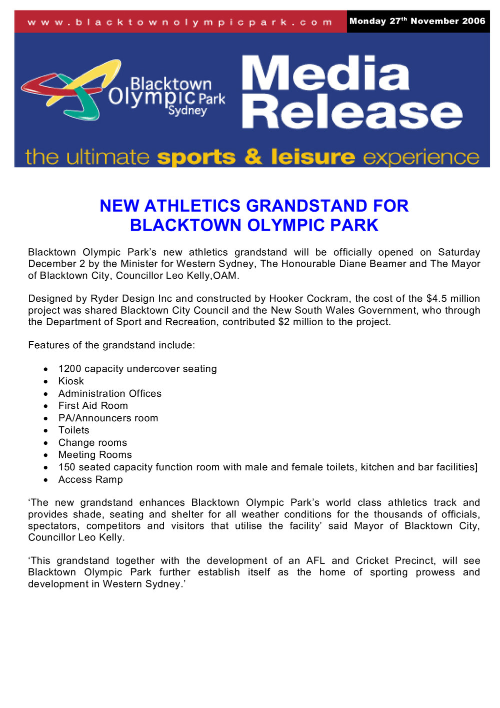Grandstand Opening Blacktown Olympic Park, 2006