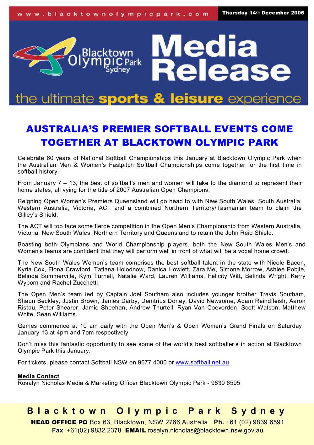 2007 National Softball Championship at Blacktown Olympic Park