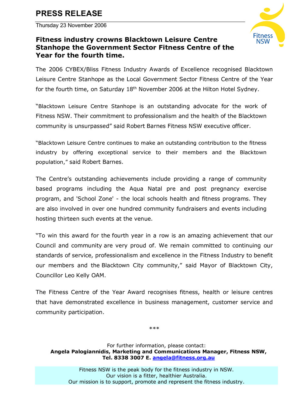 Blacktown Leisure Centre, Stanhope Local Government Sector Fitness Centre of the Year, 2006