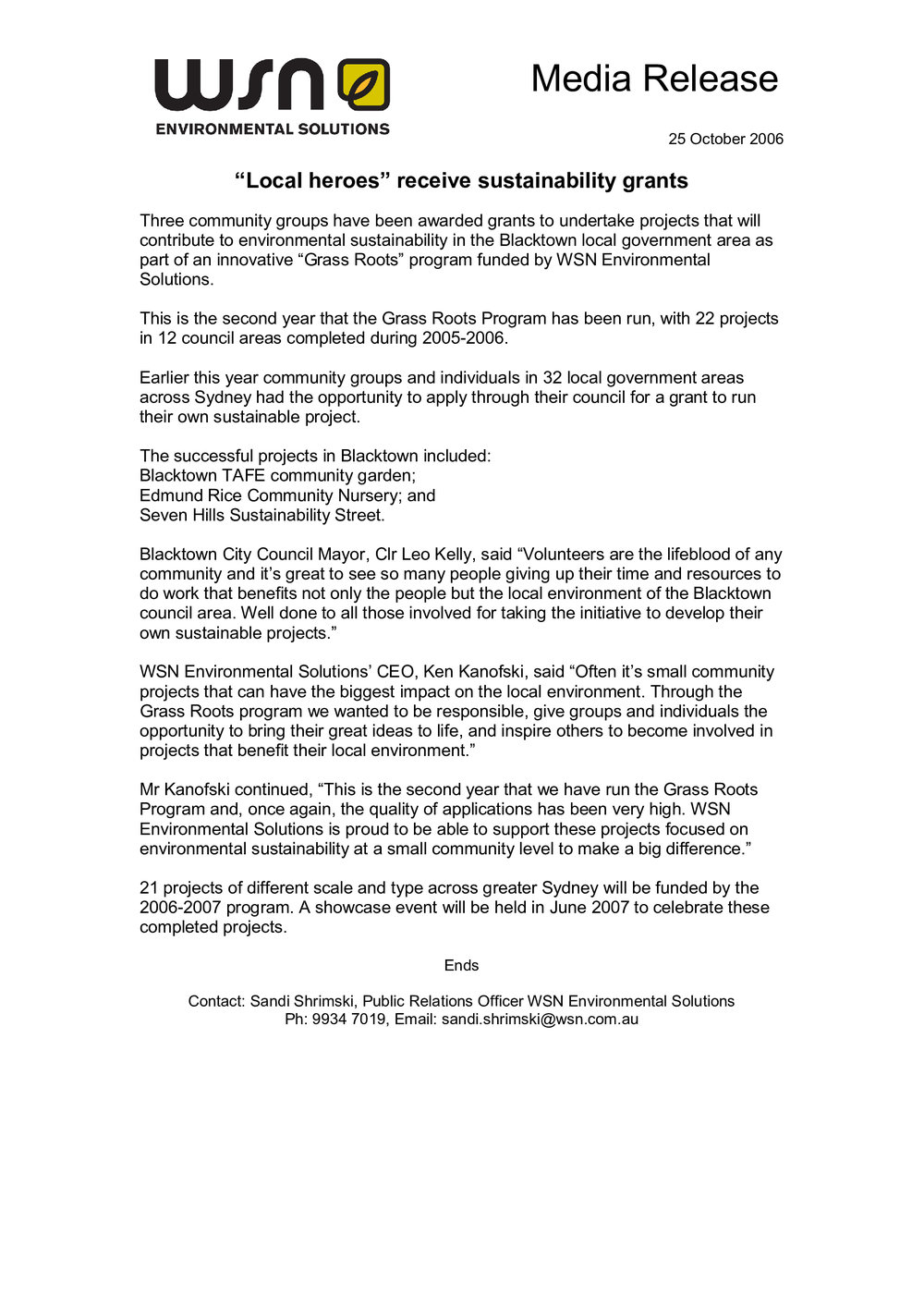 "Grass Roots" Program, 2006