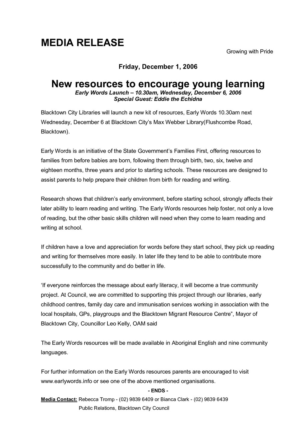 Blacktown City Libraries, Early Words Launch, 2006