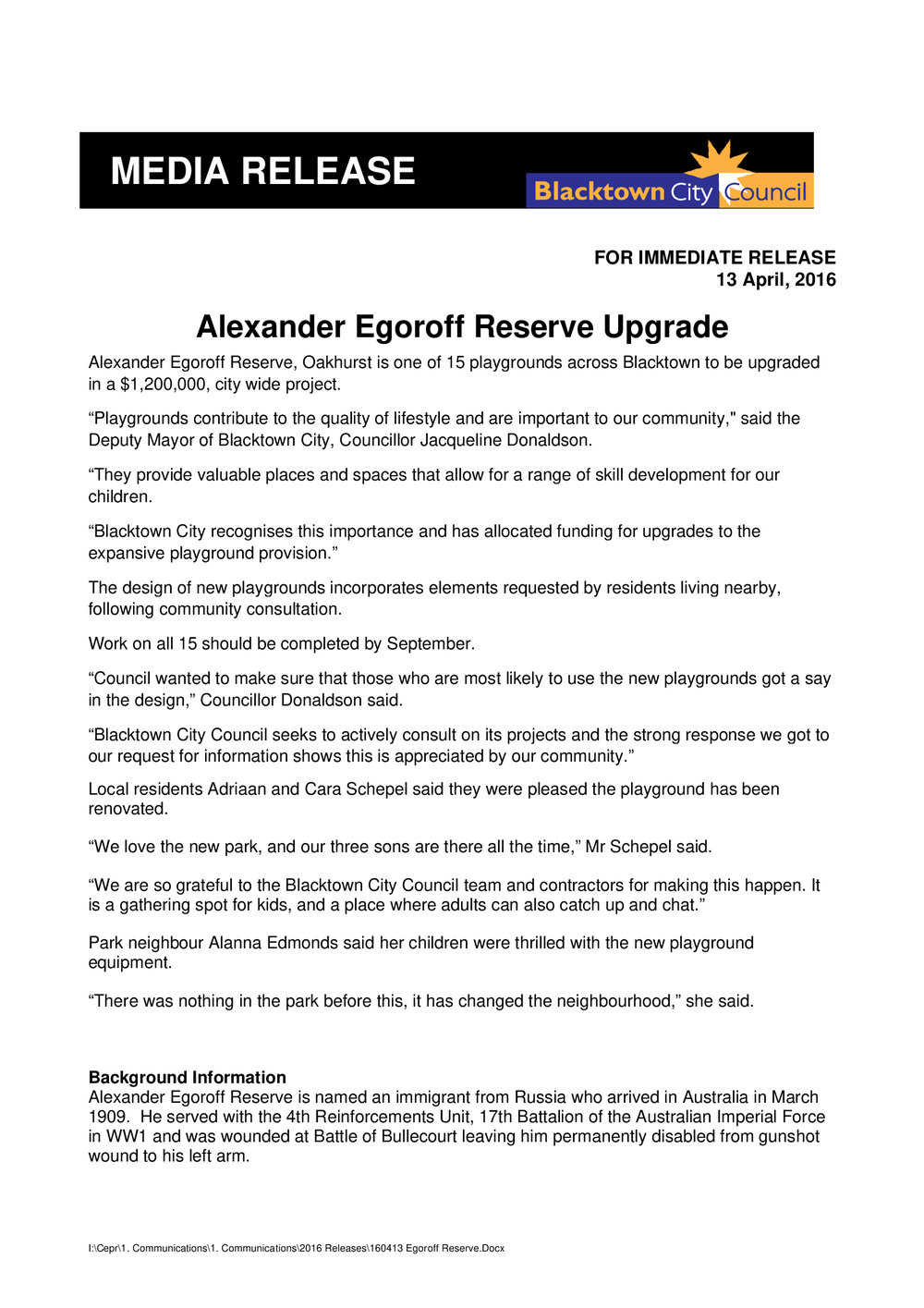 Alexander Egoroff Reserve Oakhurst upgrade, 2016