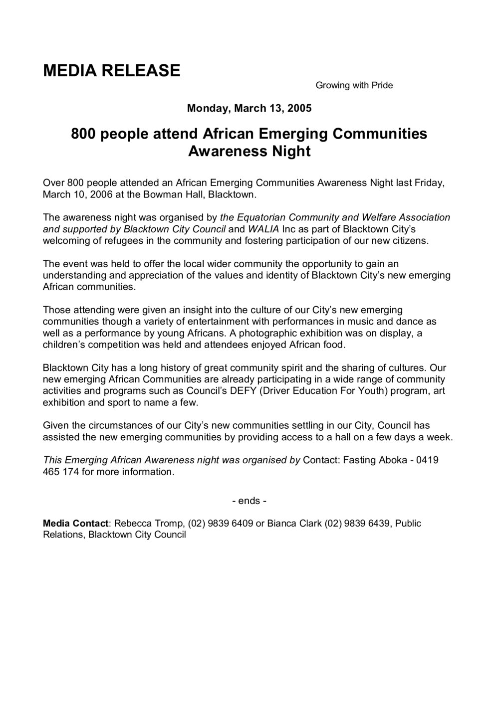 African Emerging Communities Awareness Night, 2006