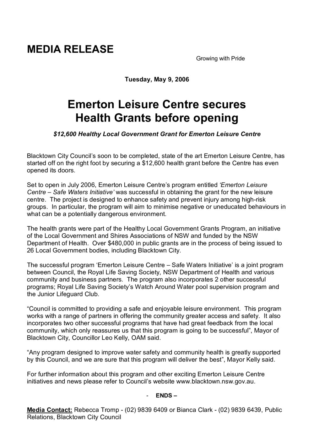 Emerton Leisure Centre Health Grants, 2006