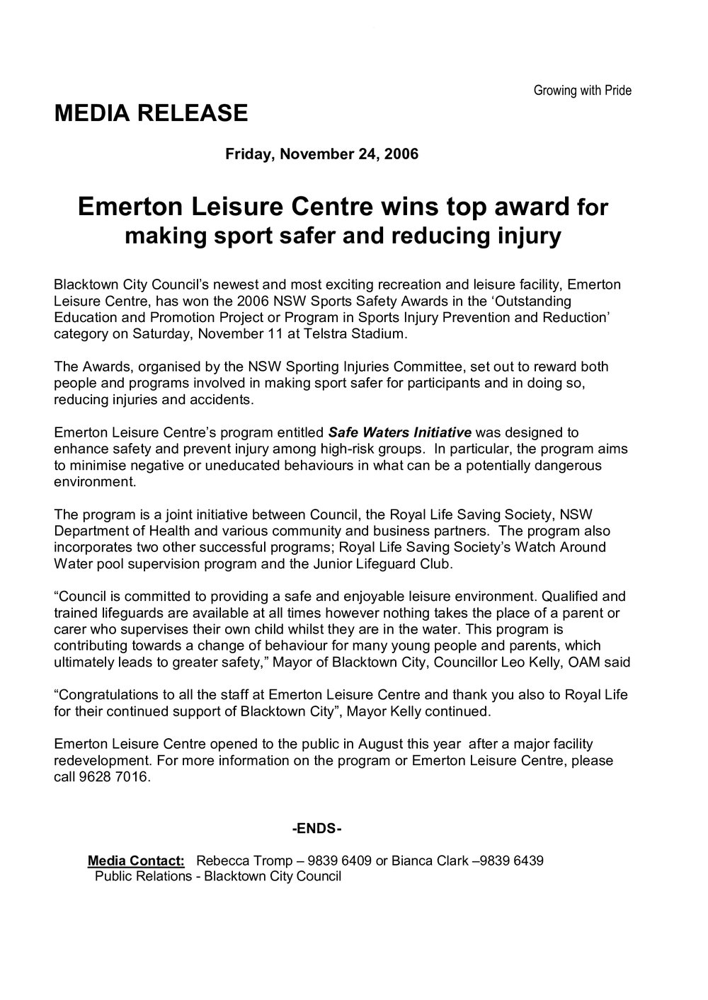 Emerton Leisure Centre Sports Safety Award, 2006
