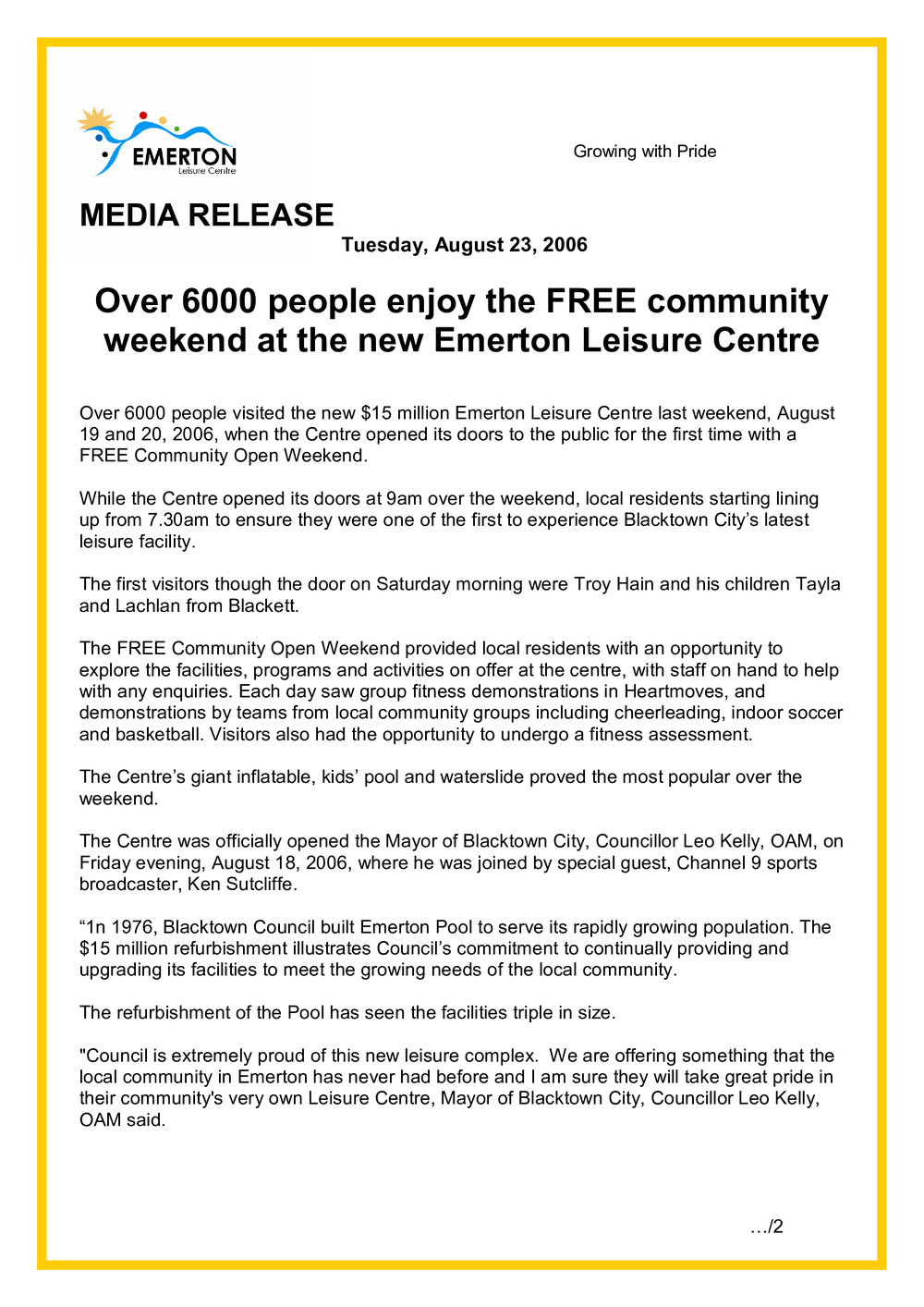 Emerton Leisure Centre Opening, 2006