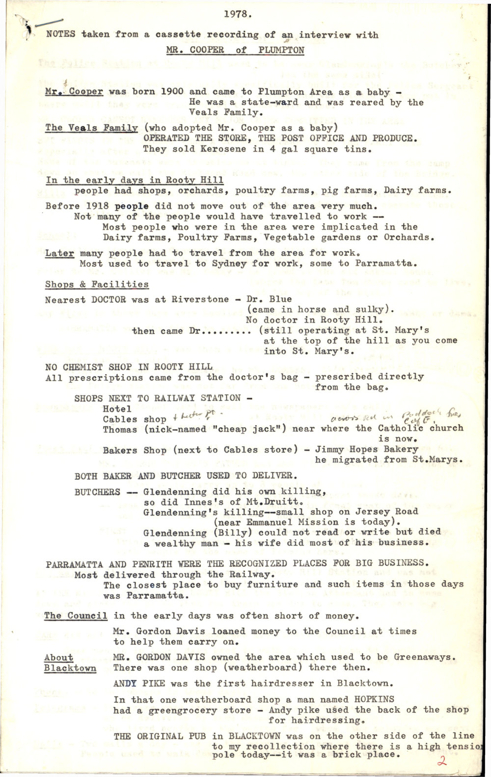 Notes from an interview with Mr Cooper, 1978