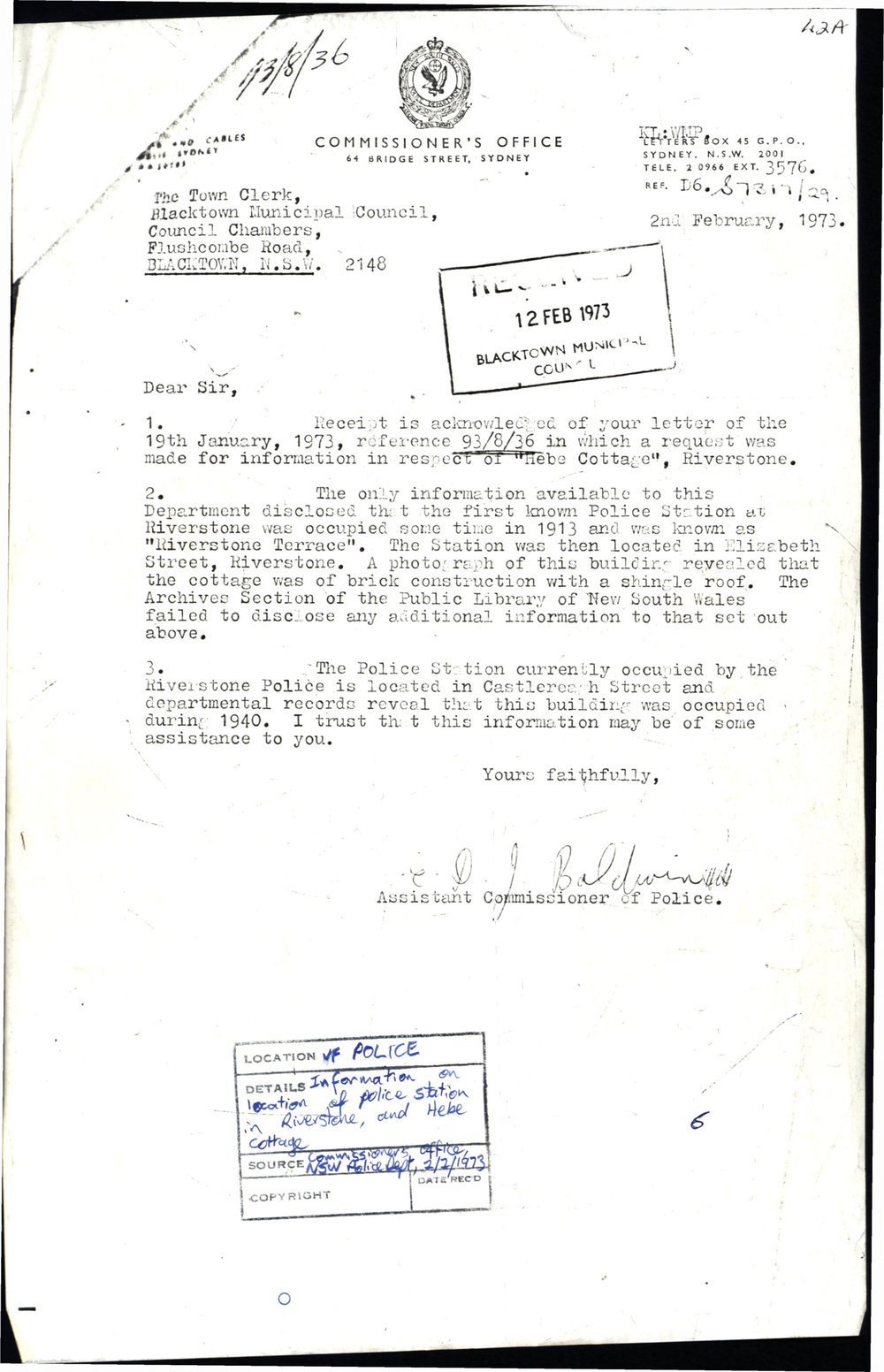 Letter on History of Riverstone Police Station, 1973