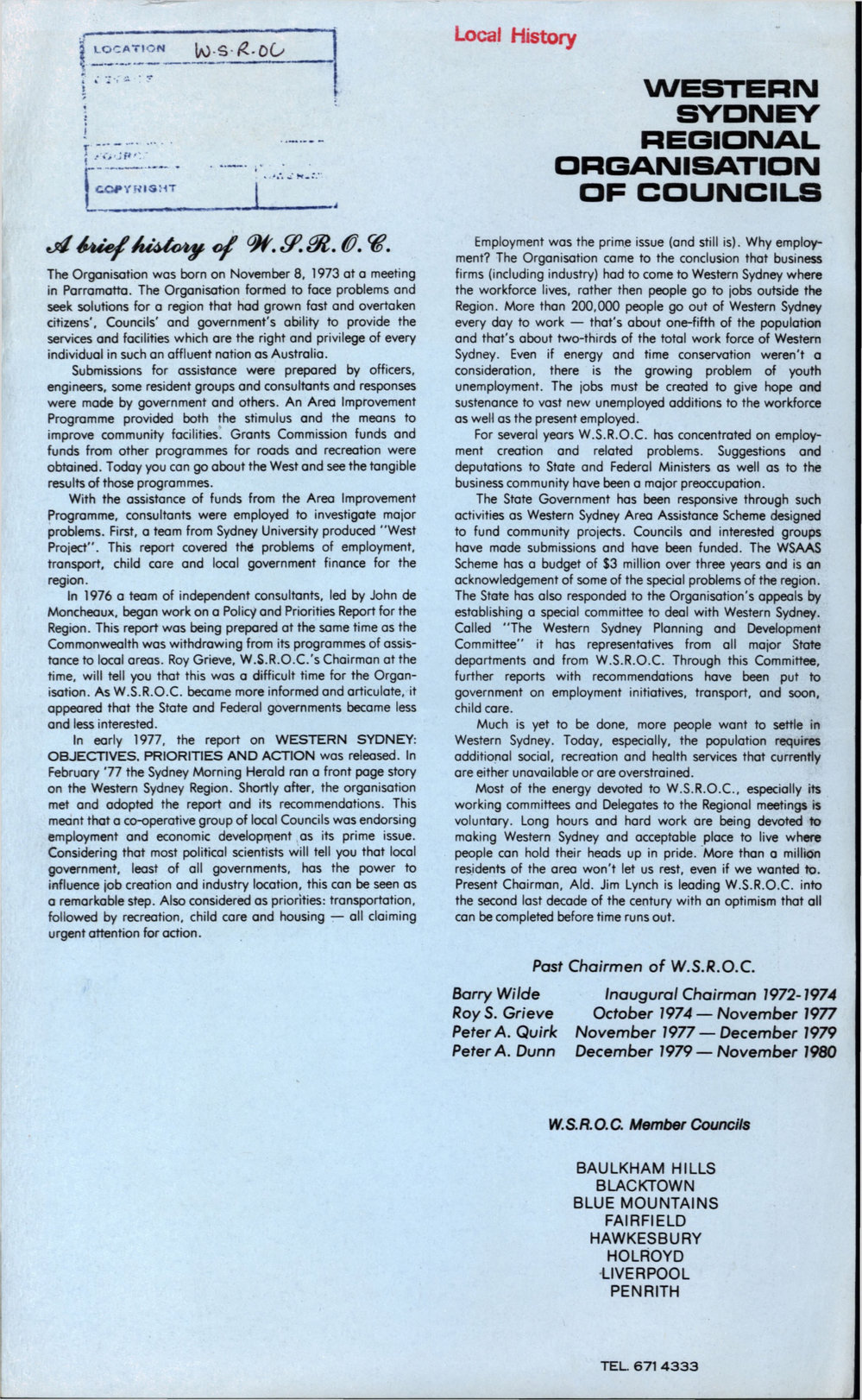 Western Sydney Regional Organisation of Councils (WSROC), brief history