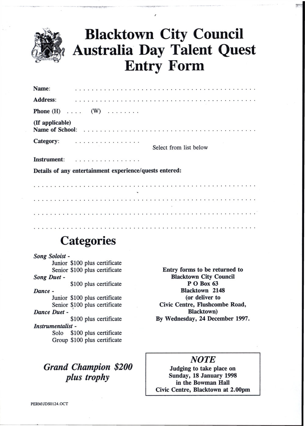 Australia Day Talent Quest entry form, 1998