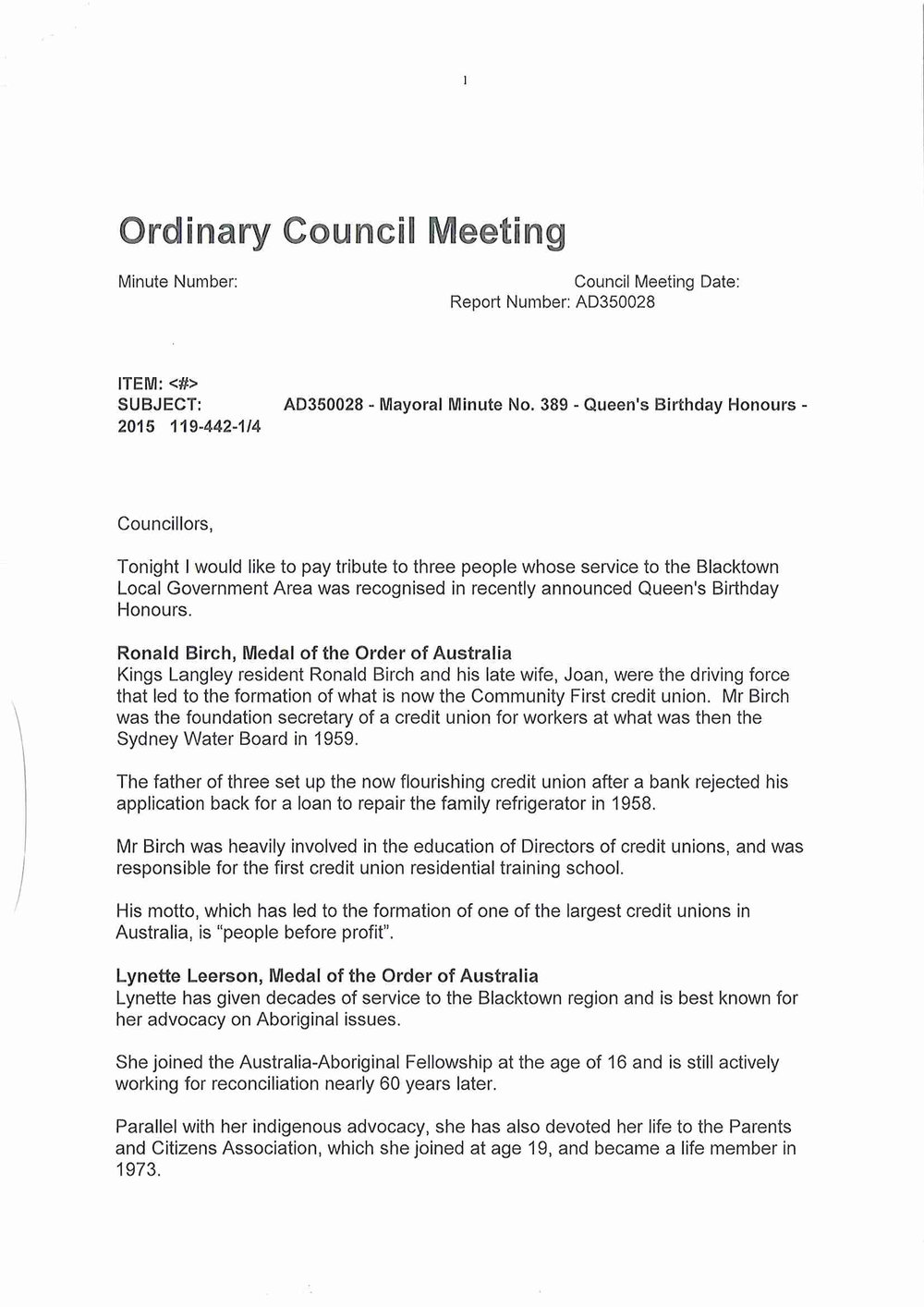 Queen's Birthday Honours, (Mayoral Minute No 389), 2015