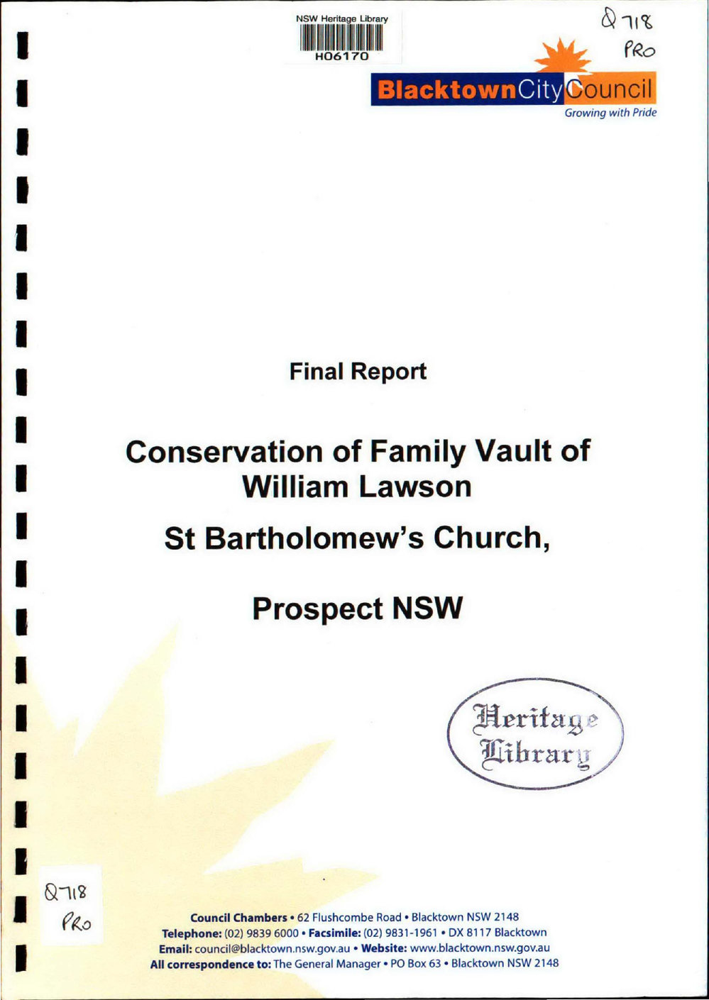 Conservation of the Family Vault of William Lawson, St Bartholomew's Church, Prospect, NSW, c2003