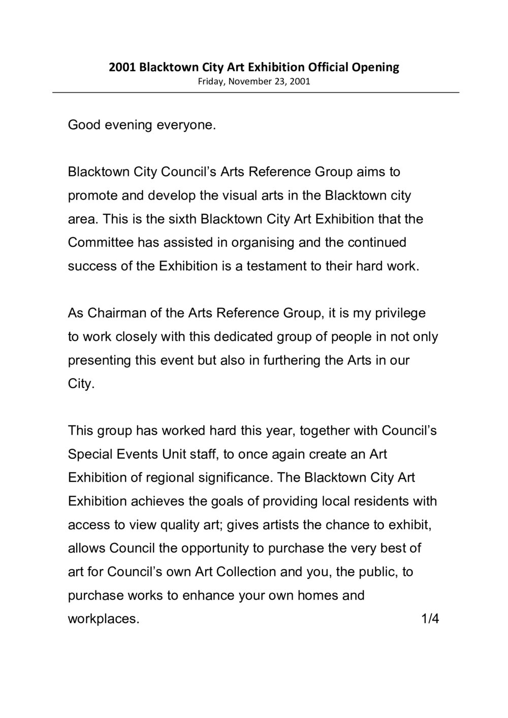 2001 Blacktown City Art Exhibition official opening, Mayor's speech