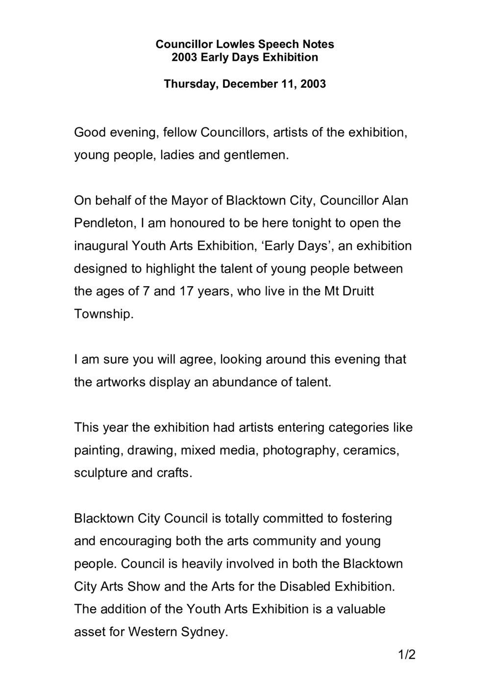 Early Days Exhibition, 2003