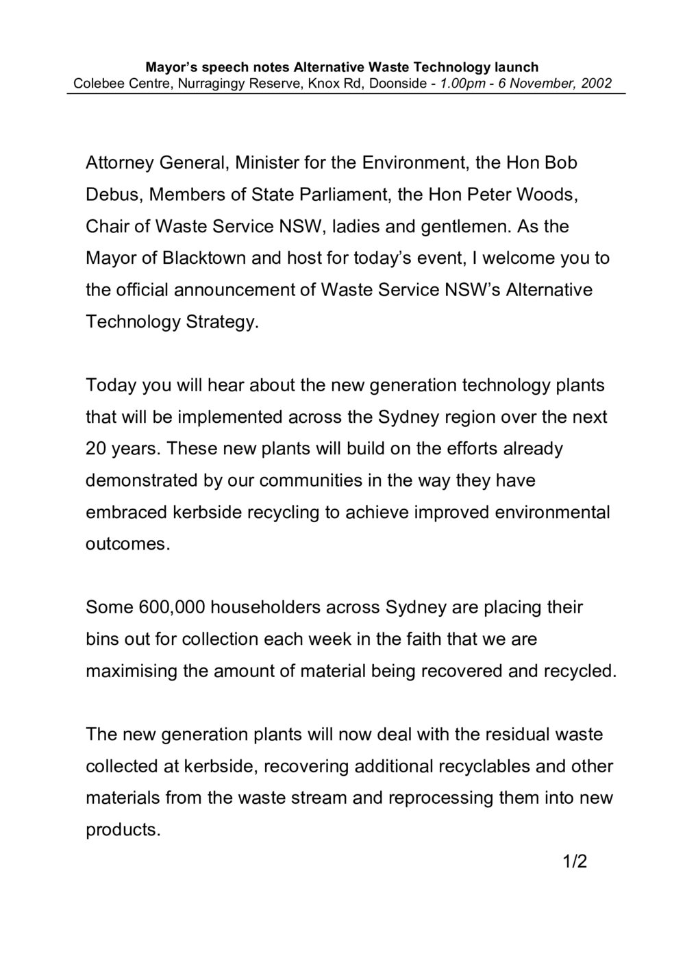 Alternative Waste Technology Launch, 2002