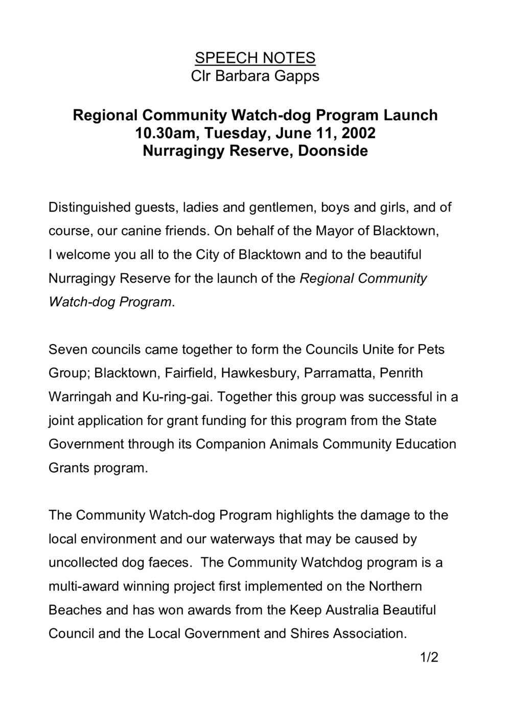 Regional Community Watch-dog Program (Poop Pouch), 2002