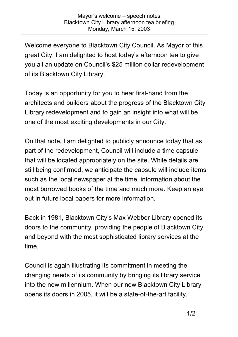 Blacktown City Library briefing, 2003