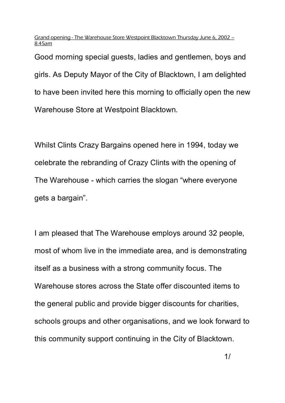 Official Opening The Warehouse store, Blacktown, 2000