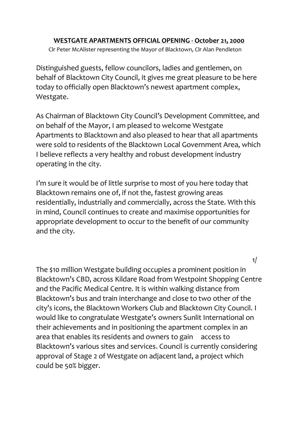 Westgate Apartments Blacktown Official Opening, 2000