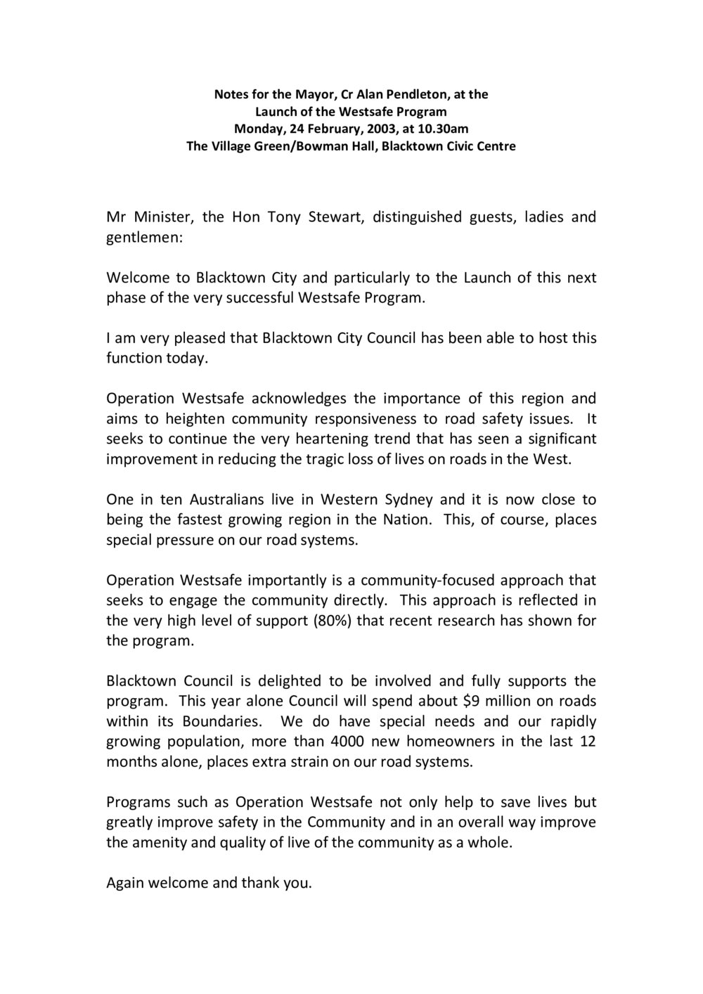 Westsafe Program Launch, 2003